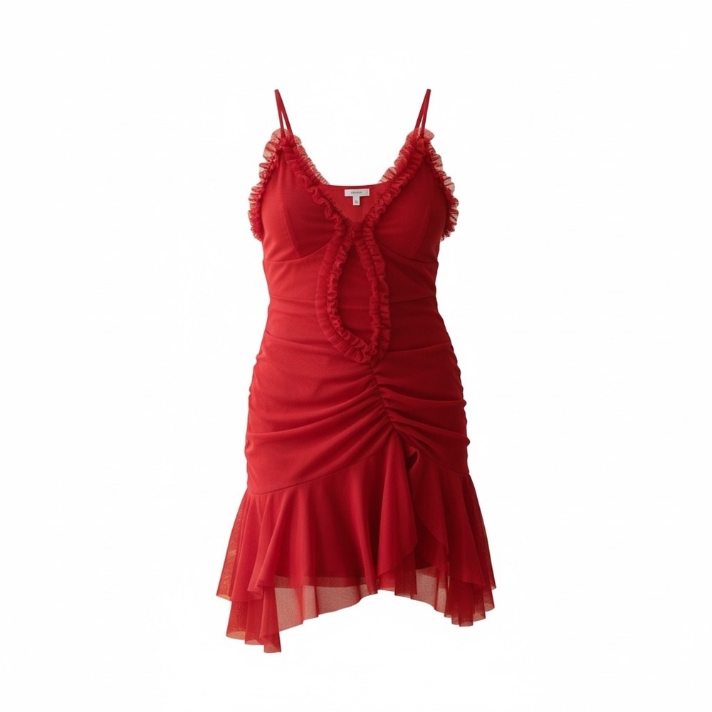 Jaded London Scarlett Red Mini Fatale Dress Ruched Mesh Ruffle NWT UK12 US8